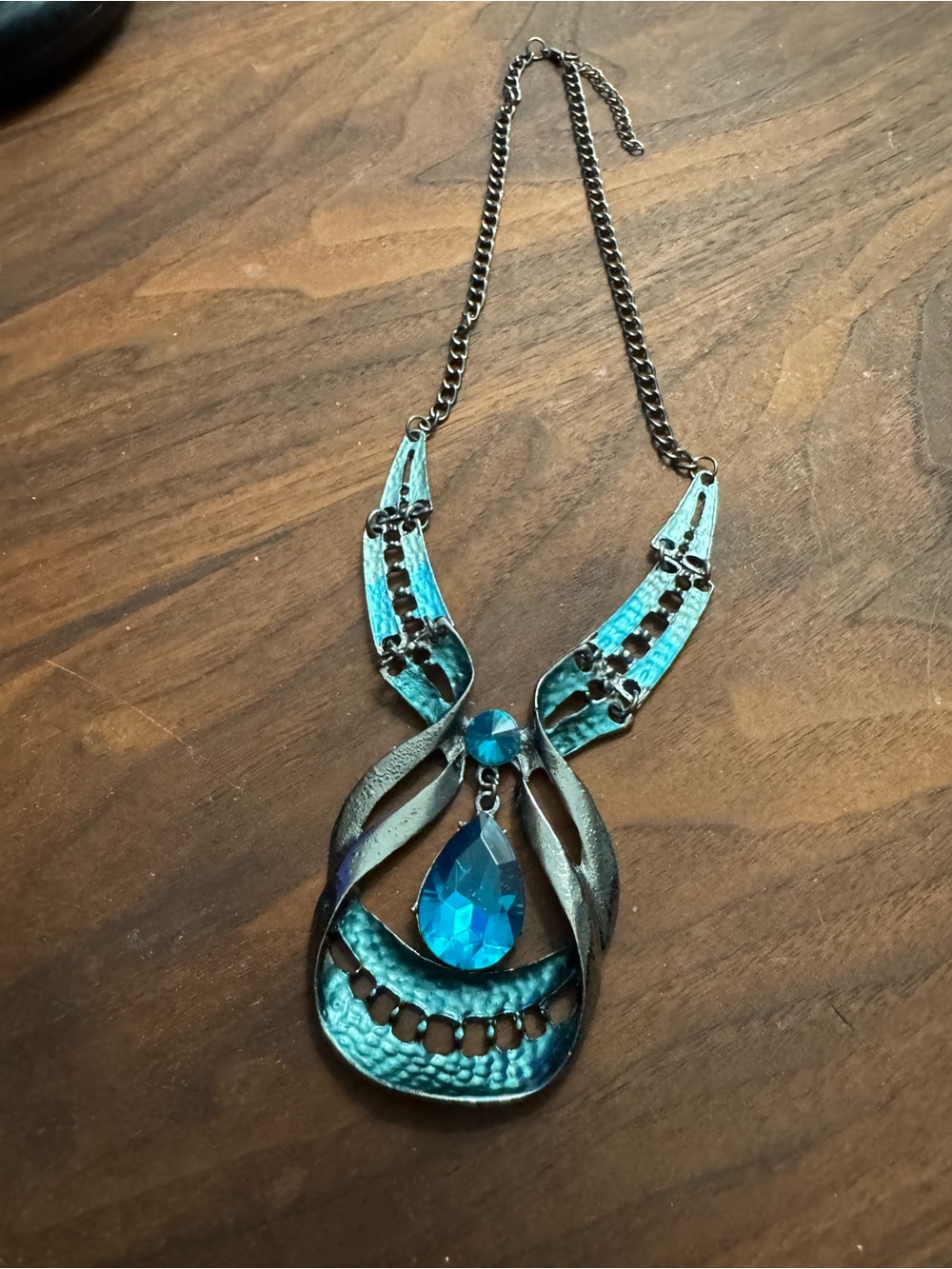 Gunmetal Hammered BlueTeal Metal Teardrop Pendant Necklace